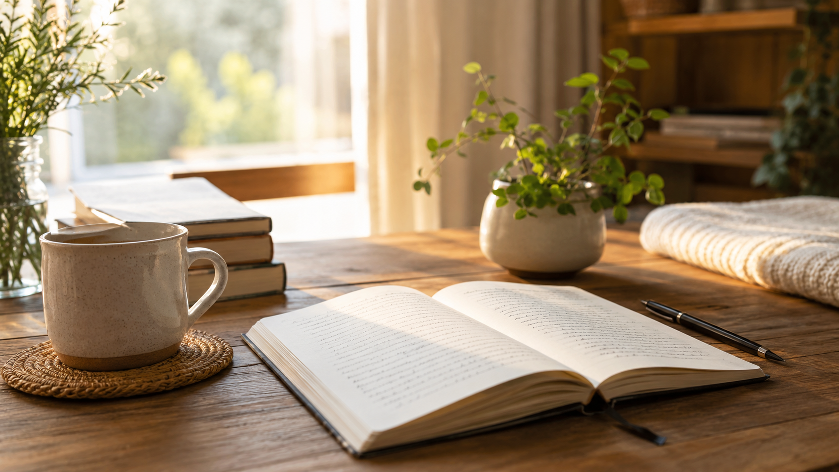 Aufgeschlagenes Notizbuch mit Stift, Tasse Tee und Pflanze auf einem Holztisch im warmen Morgenlicht – ruhige Wochenplanung statt Tagesstress