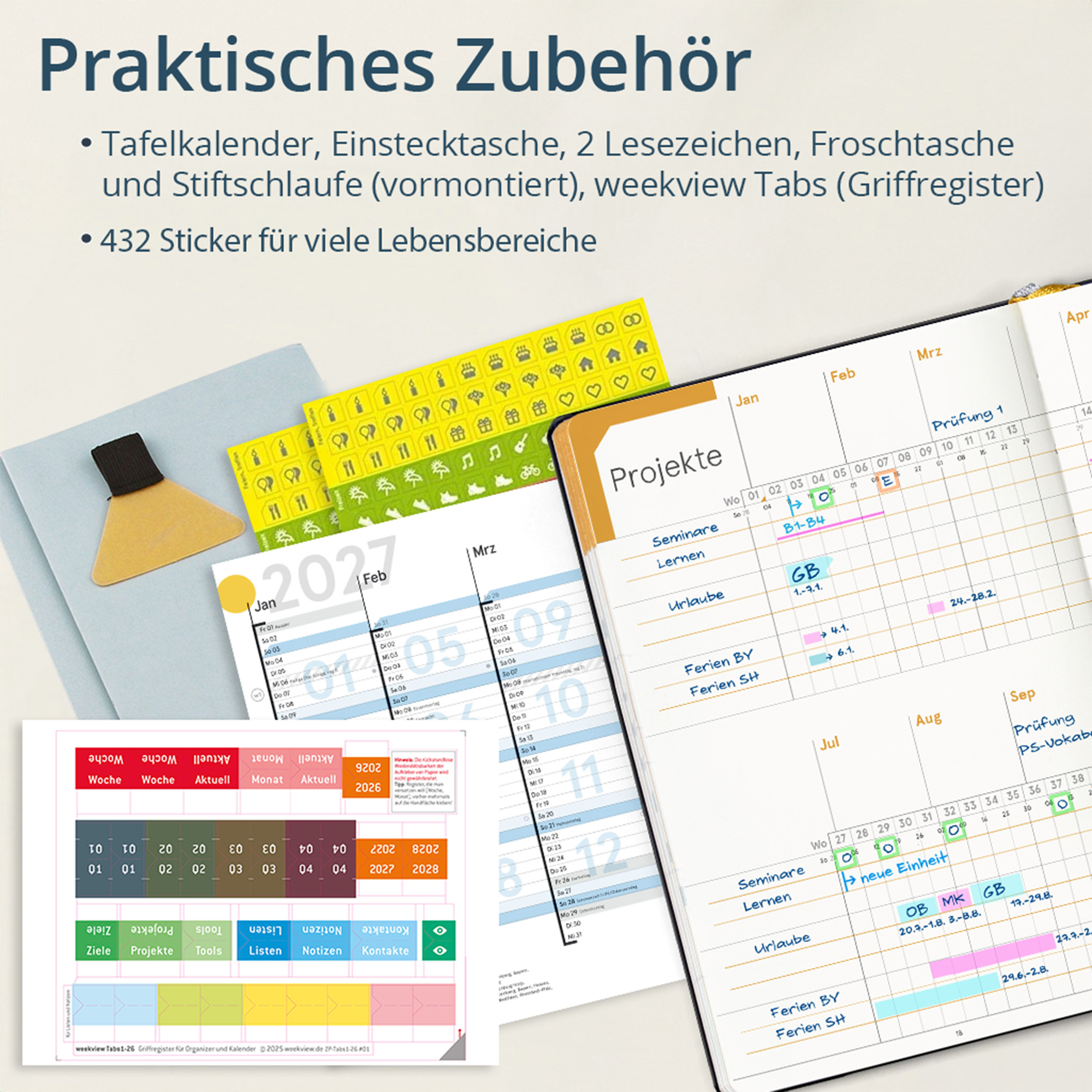 weekview compact extended Plus-Ausführung mit Froschtasche, Stiftschlaufe und Griffregister