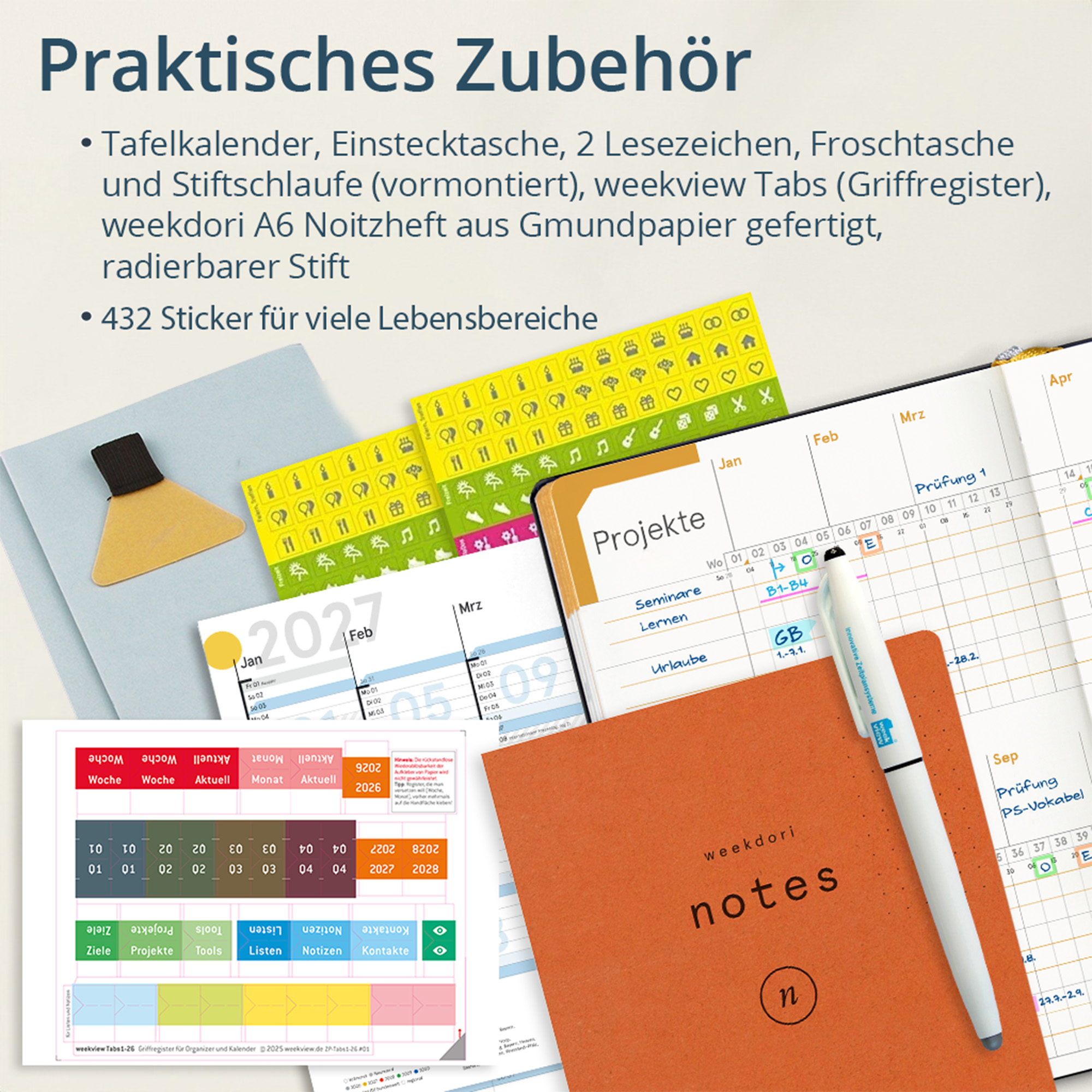 weekview compact extended Premium-Ausführung mit radierbarem Stift und weekdori A6-Notizheft