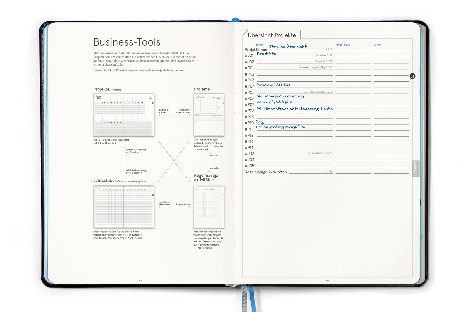 Business-Tools im weekview Business Planner Pro A4 2027 mit Projektübersicht