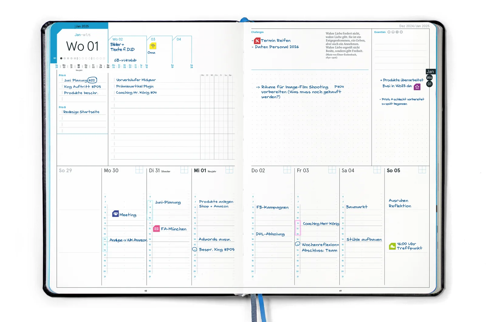 Aufgeschlagene Wochendoppelseite im weekview Business Planner Pro A4 2027 mit Prioritäten, Essentials-Spalte und acht Tagesspalten